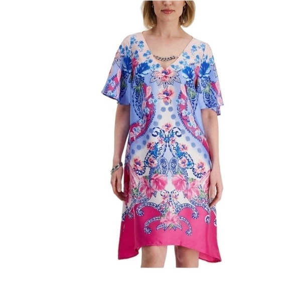 JM‎ Collection Vneck floral print mid dress size M - Picture 1 of 8